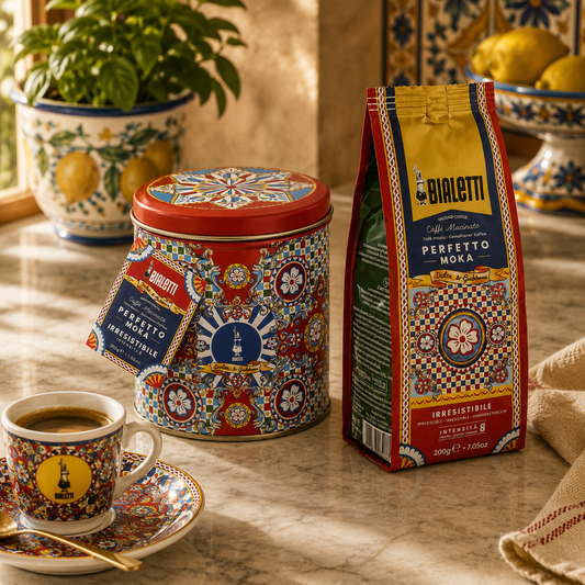 Bialetti coffee packaging with a cup and saucer on a decorative table.