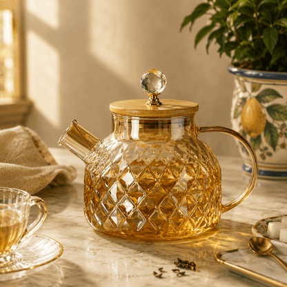 Glass teapot with diamond pattern on a marble surface, accompanied by a cup of tea and a plant.