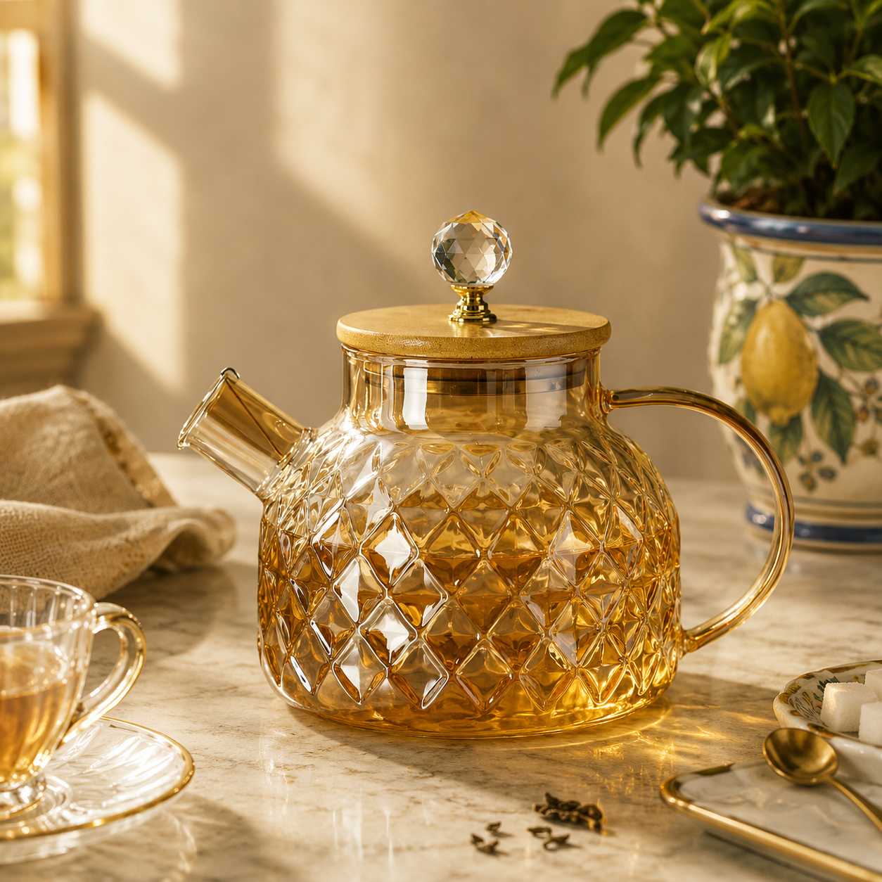 Glass teapot with diamond pattern on a marble surface, accompanied by a cup of tea and a plant.