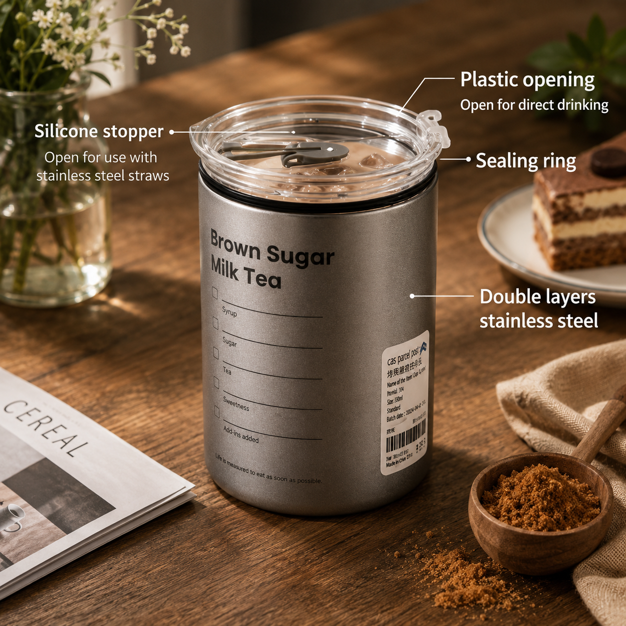 Silver tumbler labeled 'Brown Sugar Milk Tea' on a wooden table with text labels on features.