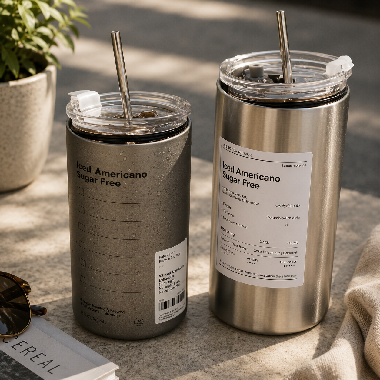 Two insulated tumblers with labels on a surface outdoors