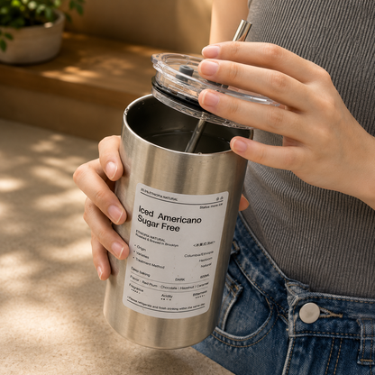 Person holding a stainless steel tumbler with a label, standing on a wooden floor.