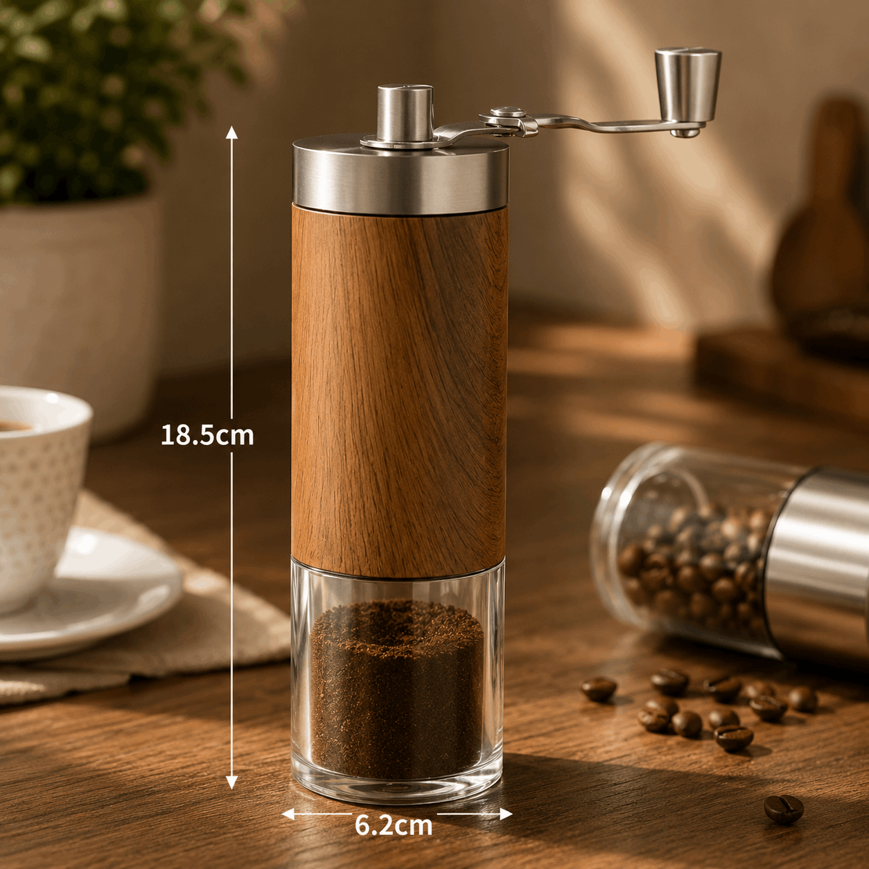 Wooden coffee grinder with clear container on a wooden table, surrounded by coffee beans and a cup.