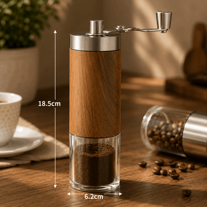 Wooden coffee grinder with clear container on a wooden table, surrounded by coffee beans and a cup.