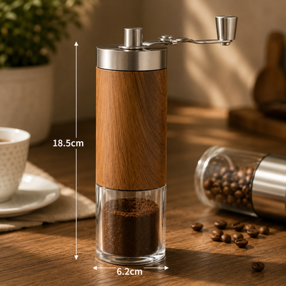 Wooden coffee grinder with clear container on a wooden table, surrounded by coffee beans and a cup.