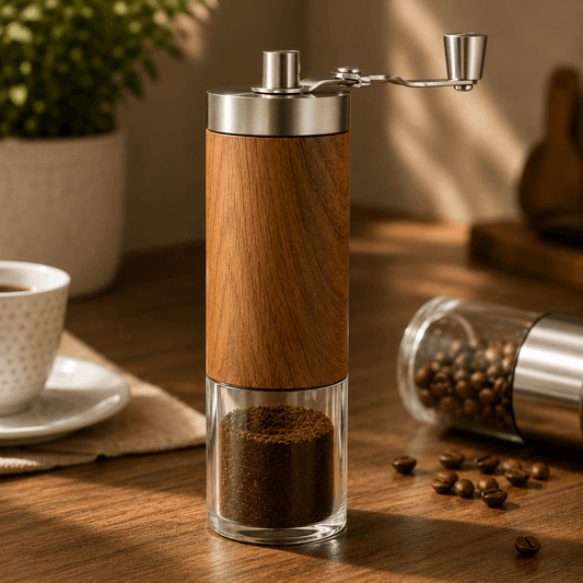 Wooden coffee grinder with ground coffee on a wooden table, surrounded by coffee beans and a cup.