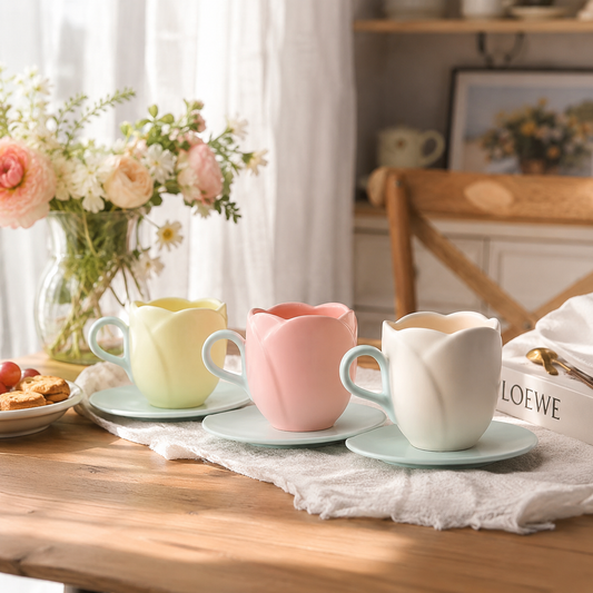 Three colorful ceramic cups on a wooden table with a blurred background