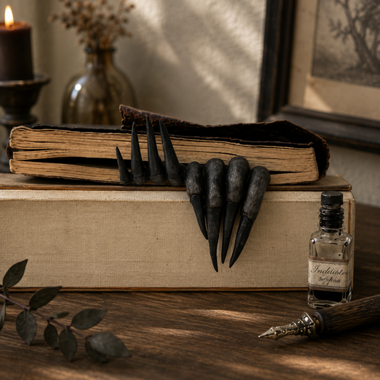 Vintage books with a set of black claws on top, next to a small bottle and quill pen on a wooden surface.