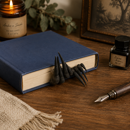 Blue book with a decorative metal bookmark on a wooden surface, next to a candle and inkwell.
