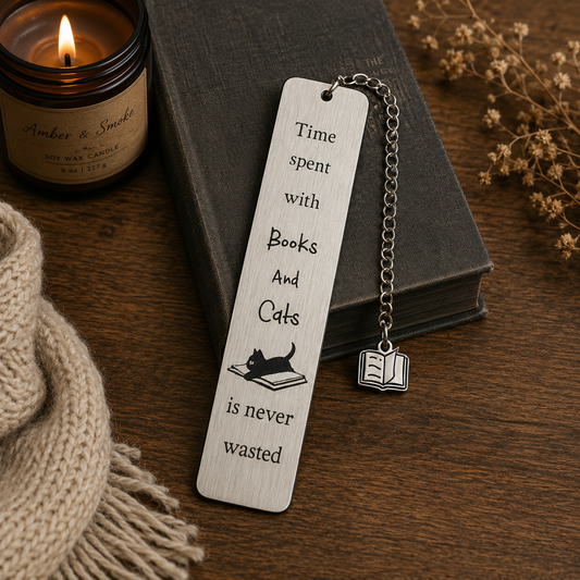 Wooden bookmark with chain and charm on a wooden surface with a candle and book.