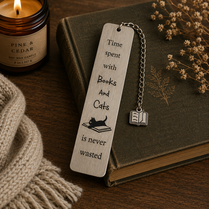 Wooden bookmark with text and charm on a book next to a candle and scarf