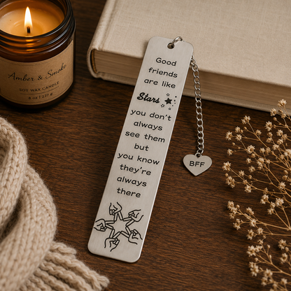Bookmark with motivational quote next to a candle and book on a wooden surface