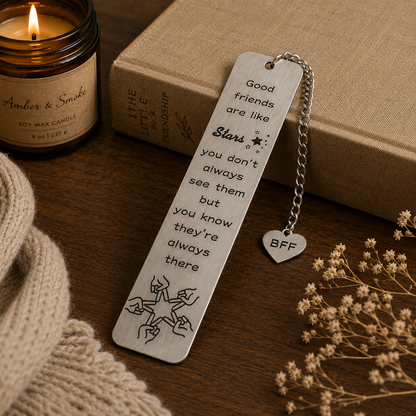 Metal bookmark with inspirational quote next to a candle and book on a wooden surface