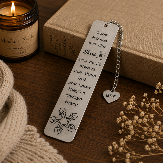 Metal bookmark with inspirational quote next to a candle and book on a wooden surface