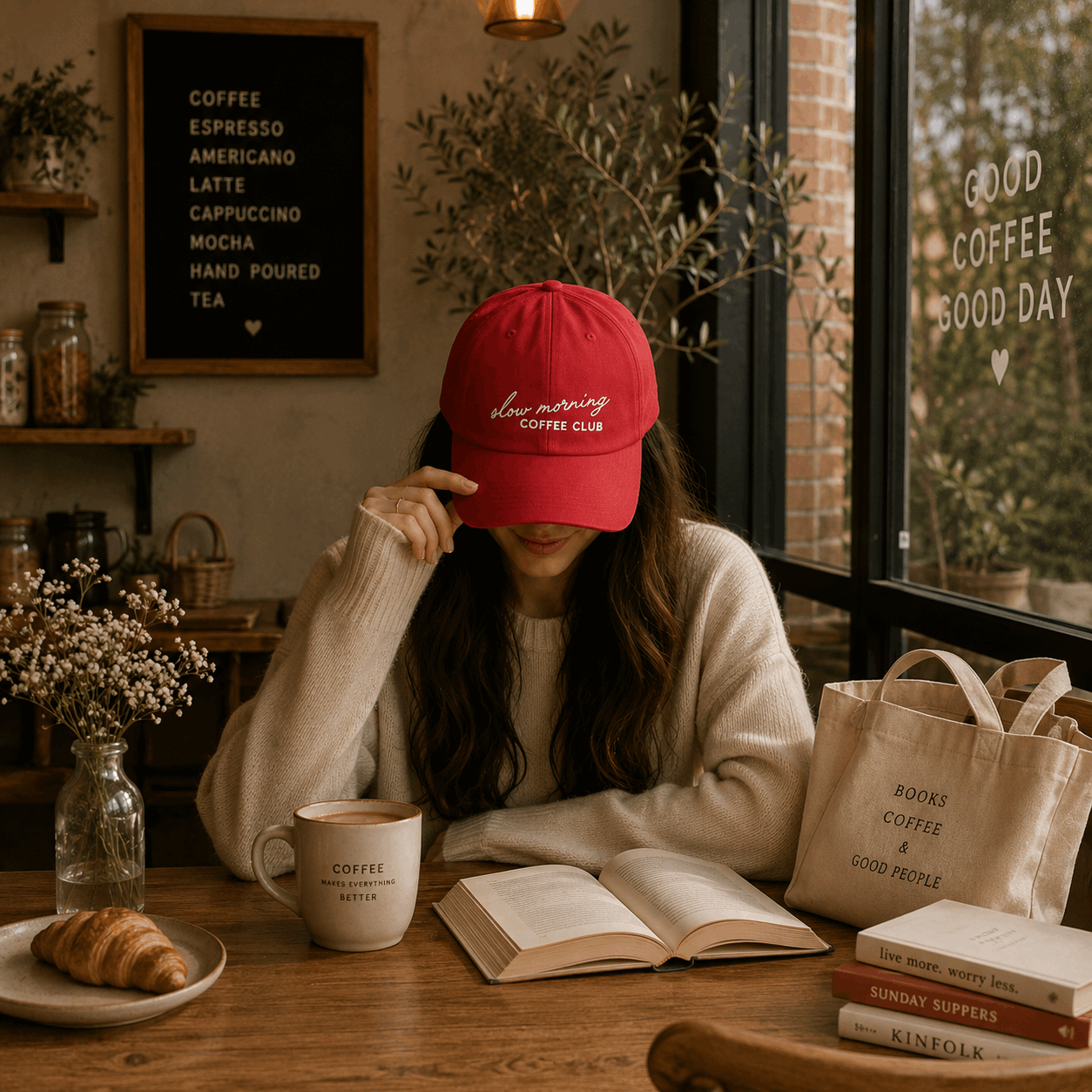 Person wearing a red cap in a coffee shop reading a book with a cup of coffee and a bag of books on the table.