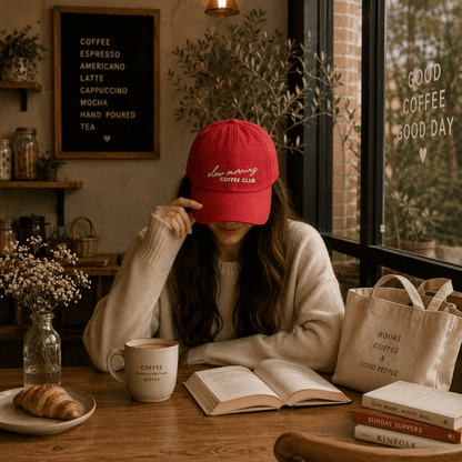 Person wearing a red cap in a coffee shop reading a book with a cup of coffee and a bag of books on the table.