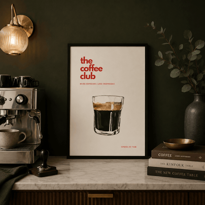 Coffee-themed decor with a poster titled 'the coffee club' on a kitchen counter.