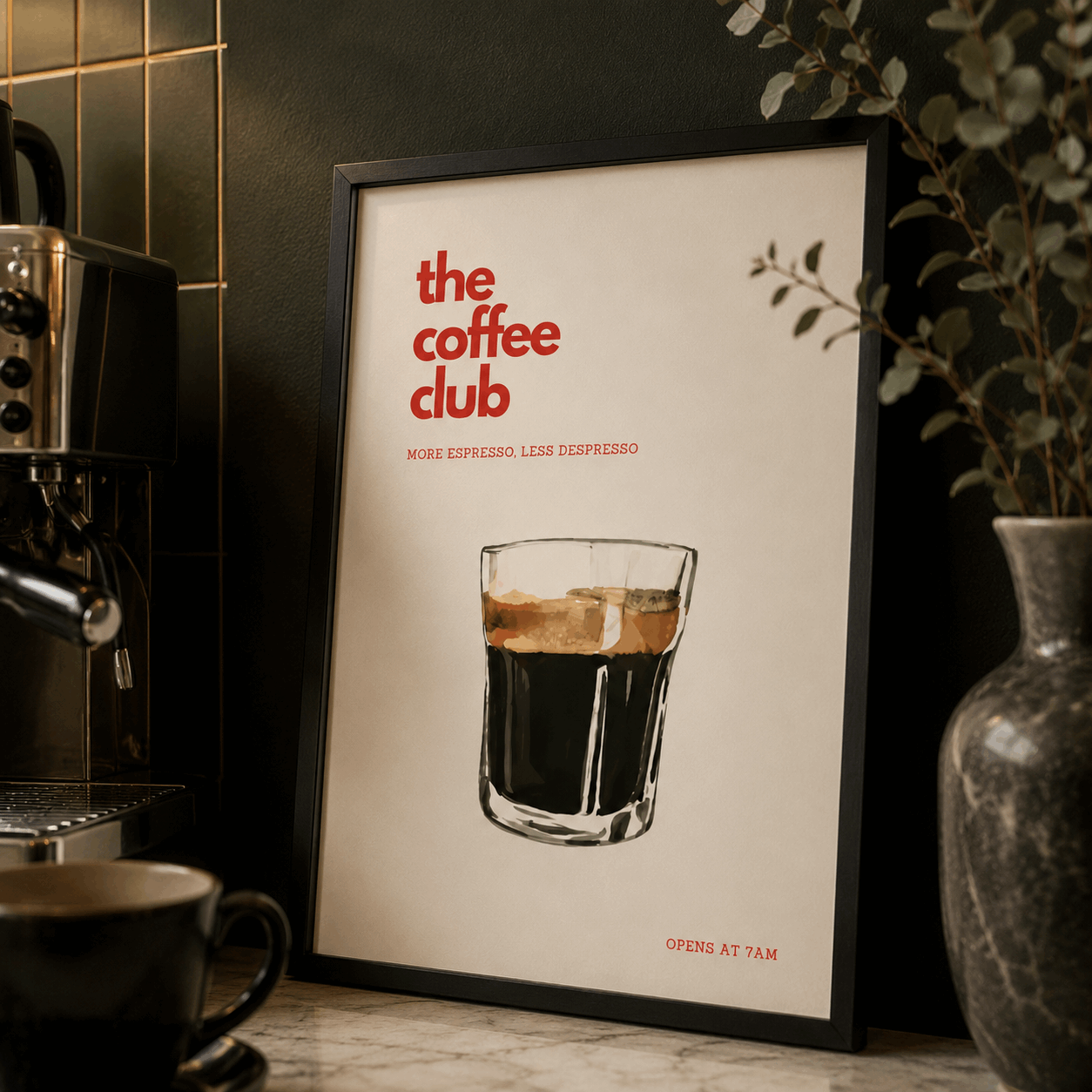 Framed poster for 'the coffee club' with a glass of coffee in a coffee shop setting.