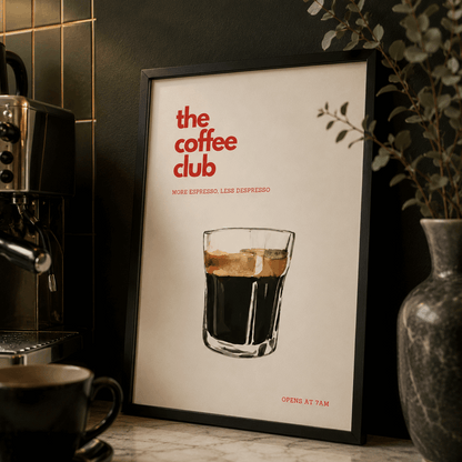 Framed poster for 'the coffee club' with a glass of coffee in a coffee shop setting.