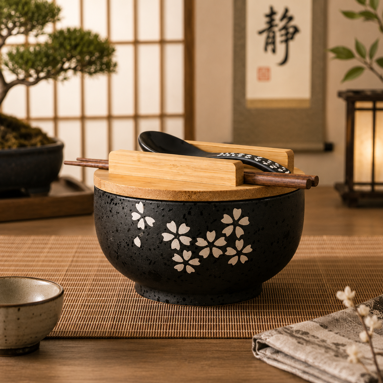 Black ceramic bowl with floral design on a wooden table, surrounded by traditional decor elements.