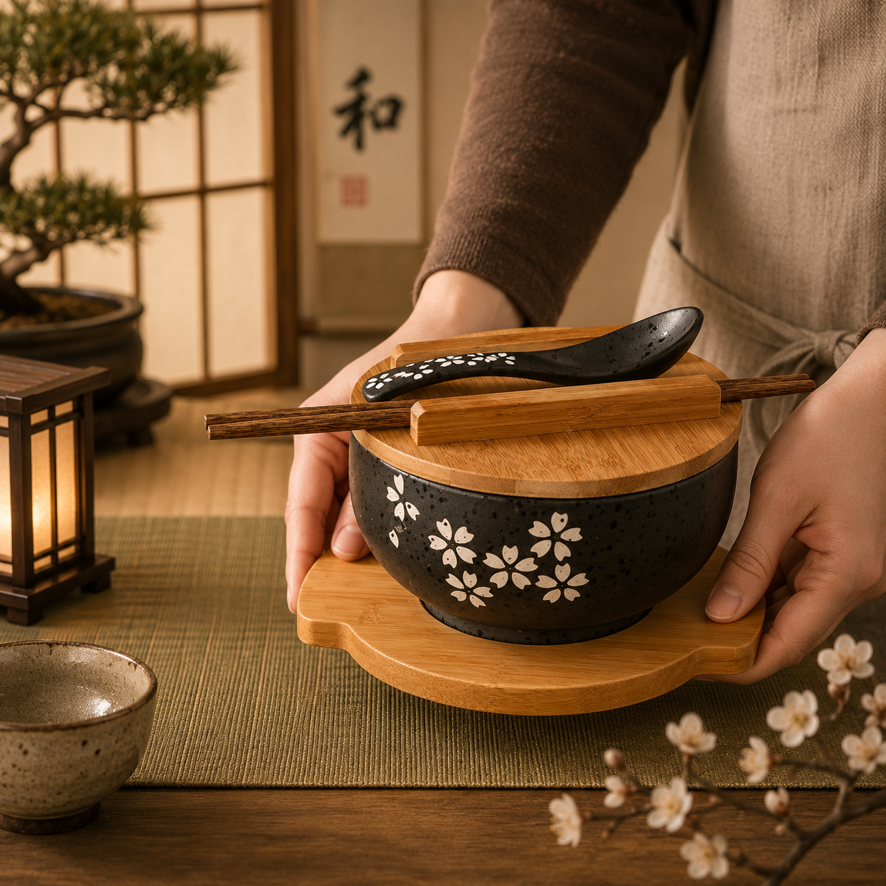 Person holding a black ceramic bowl with floral design and wooden lid in a traditional Japanese setting.