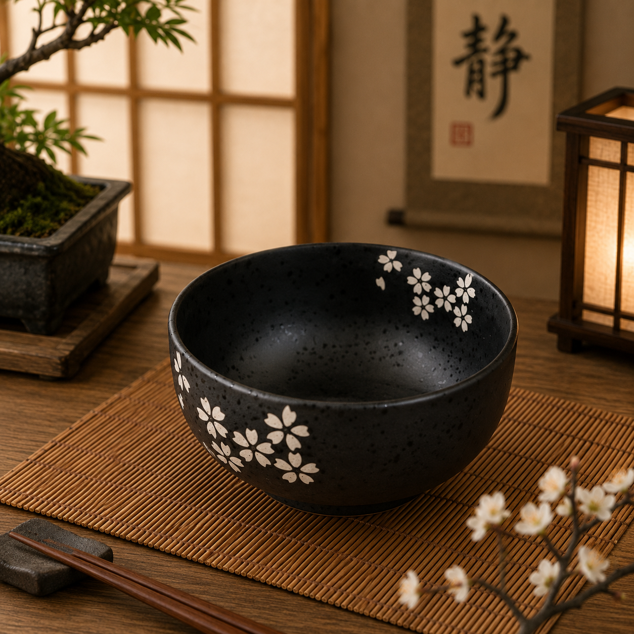 Black ceramic bowl with white floral patterns on a wooden table with a serene background.