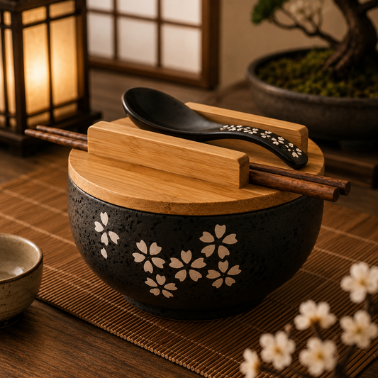Black ceramic bowl with floral design, wooden lid, and black spoon on a wooden table.