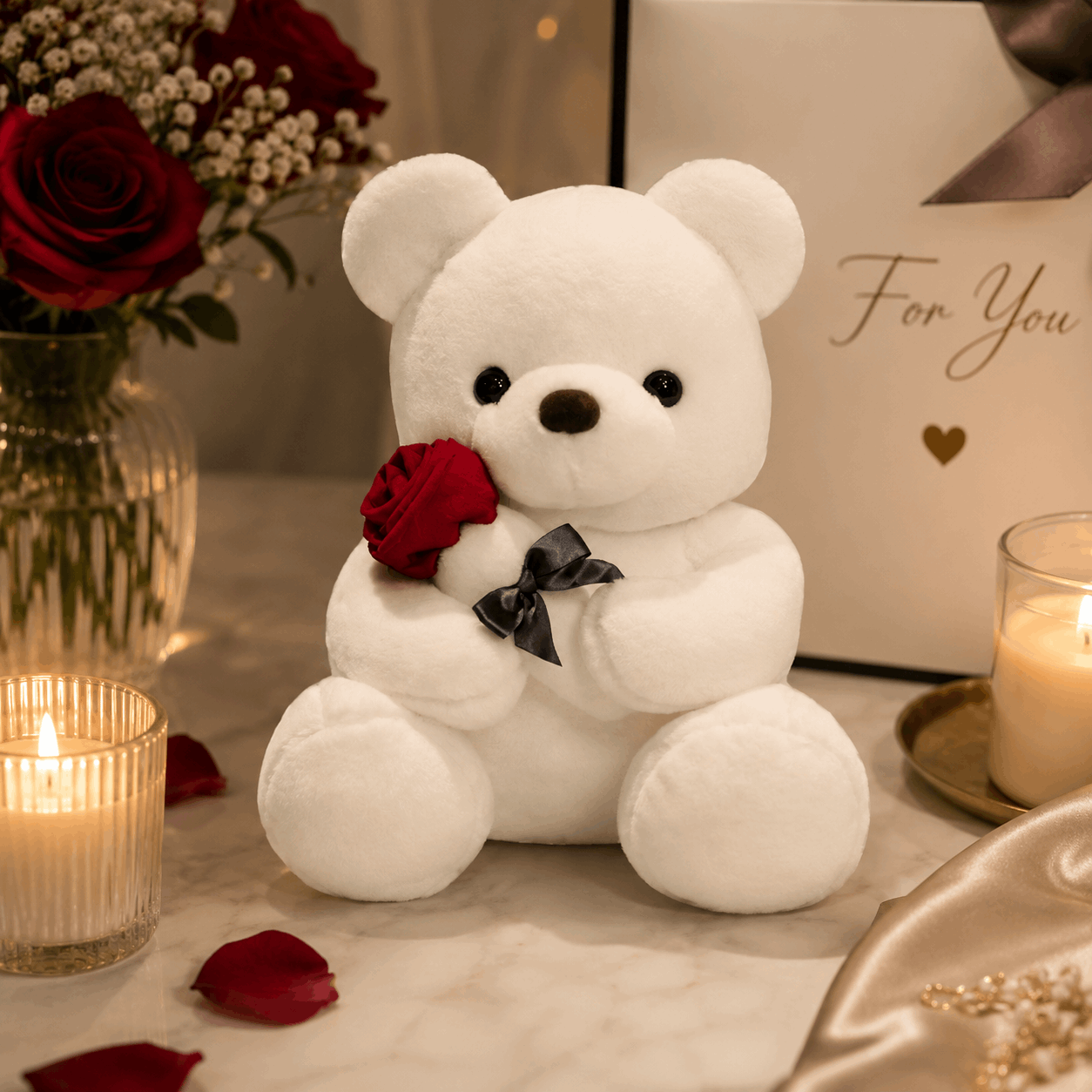 White teddy bear holding a red rose with candles and flowers in the background