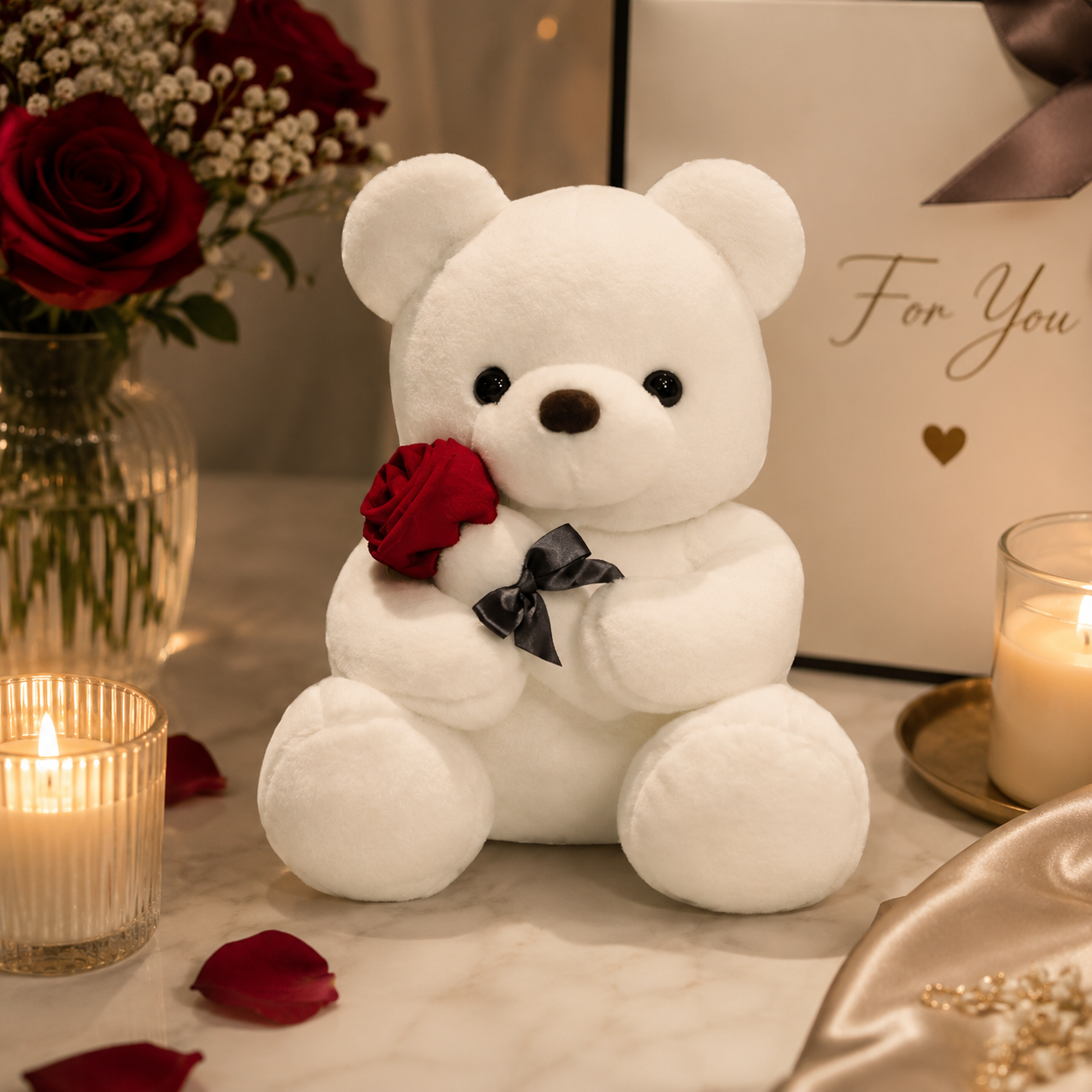 White teddy bear holding a red rose with candles and flowers in the background