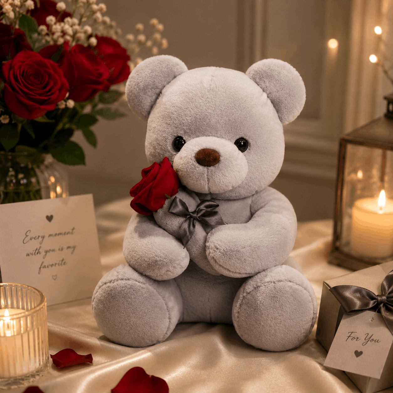 Gray teddy bear with a red rose on a romantic setting with candles and flowers.