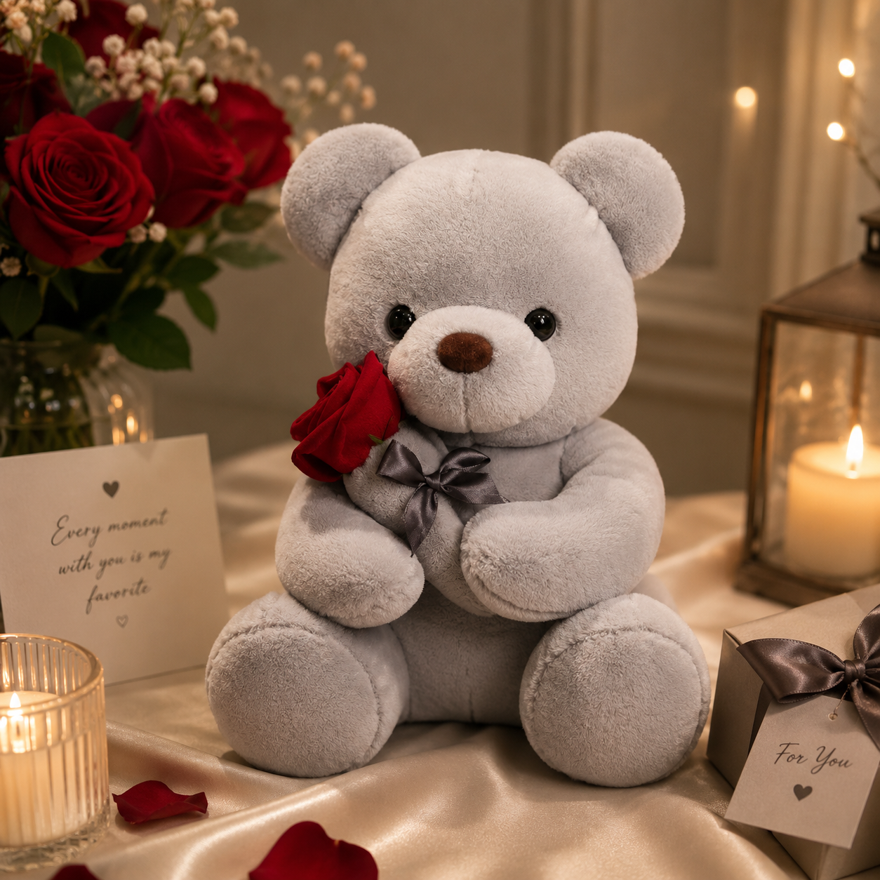 Gray teddy bear with a red rose on a romantic setting with candles and flowers.