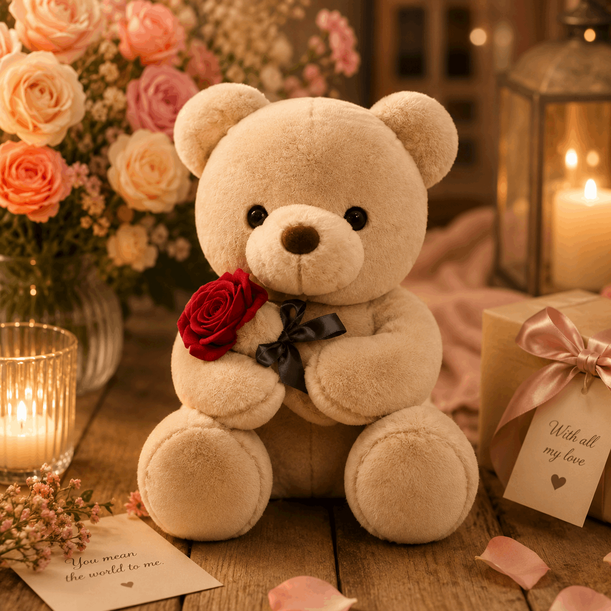 Teddy bear holding a red rose with candles and flowers in the background