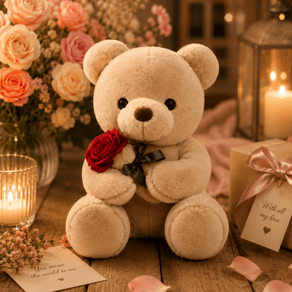 Teddy bear holding a red rose with candles and flowers in the background