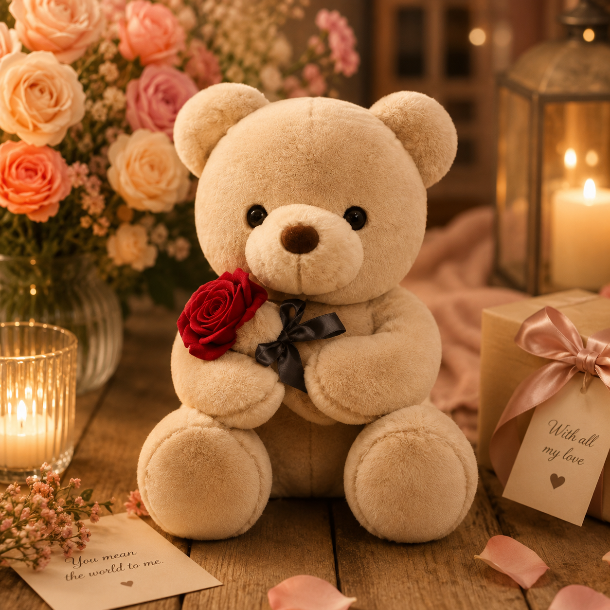 Teddy bear holding a red rose with candles and flowers in the background