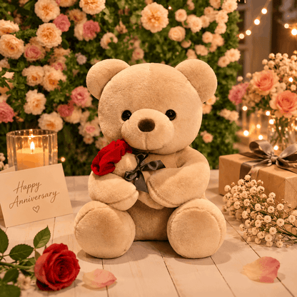 Teddy bear holding a rose with an 'Happy Anniversary' card and flowers in the background