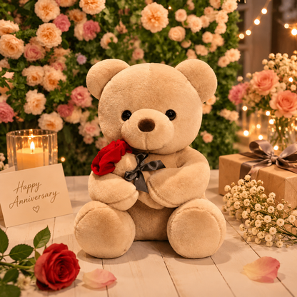 Teddy bear holding a rose with an 'Happy Anniversary' card and flowers in the background