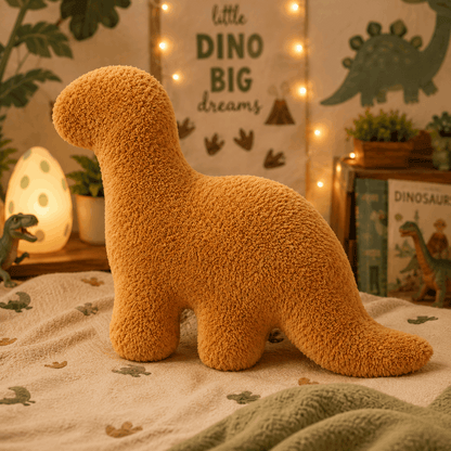 Plush dinosaur toy on a blanket with decorative lights and dinosaur-themed decor in the background.