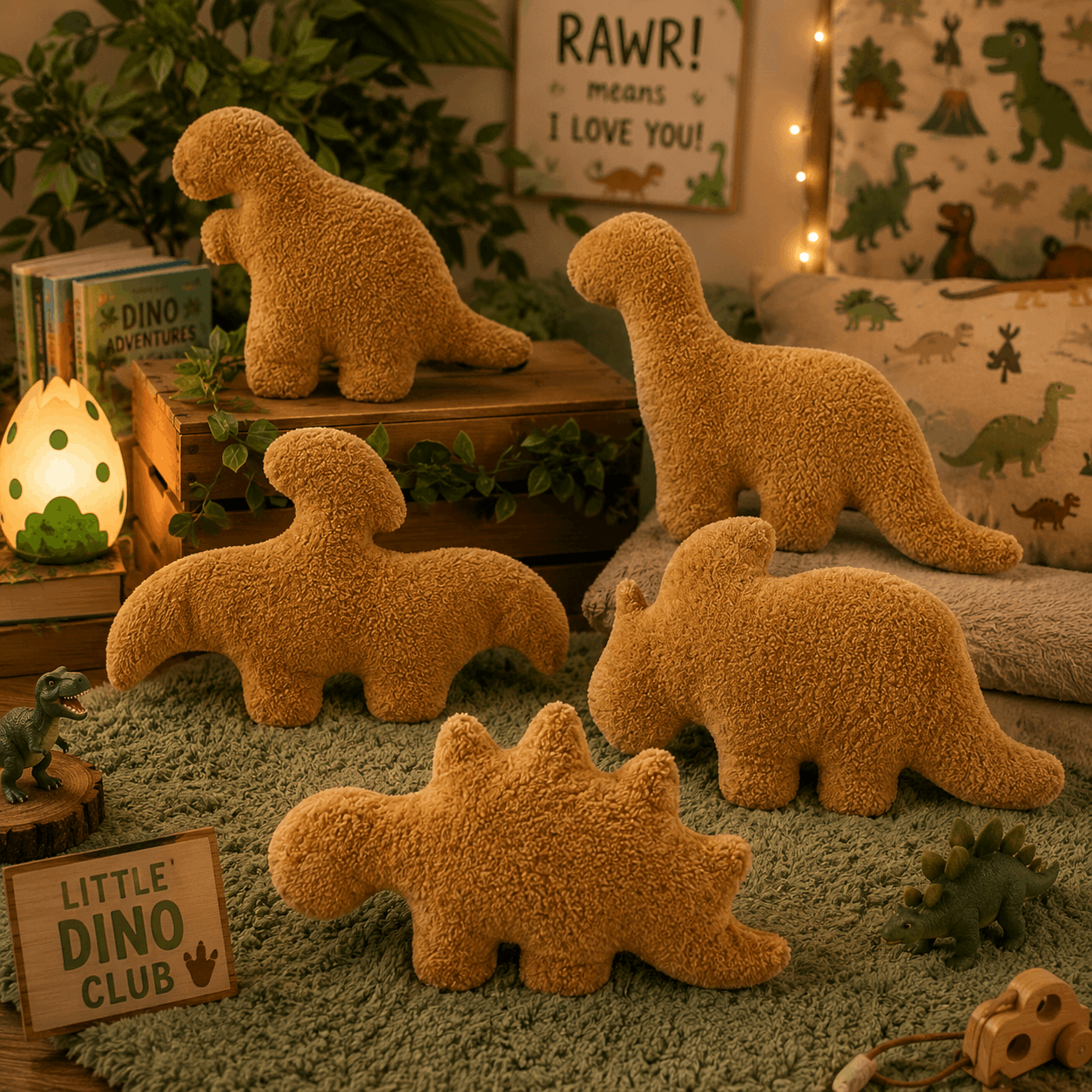 Set of brown dinosaur plush toys in a room with decorative elements and a 'Little Dino Club' sign.