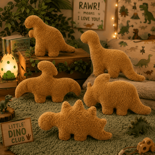 Set of brown dinosaur plush toys in a room with decorative elements and a 'Little Dino Club' sign.