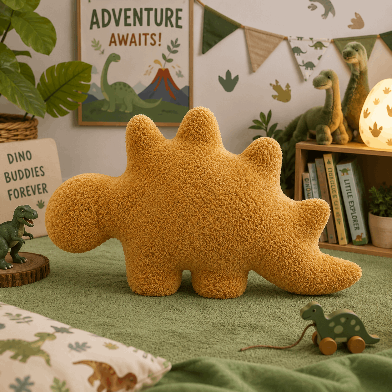 Yellow dinosaur-shaped pillow in a room with dinosaur-themed decor