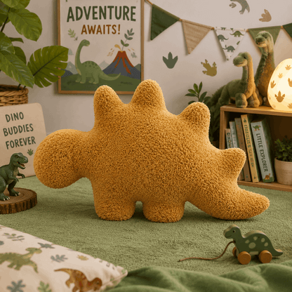 Yellow dinosaur-shaped pillow in a room with dinosaur-themed decor