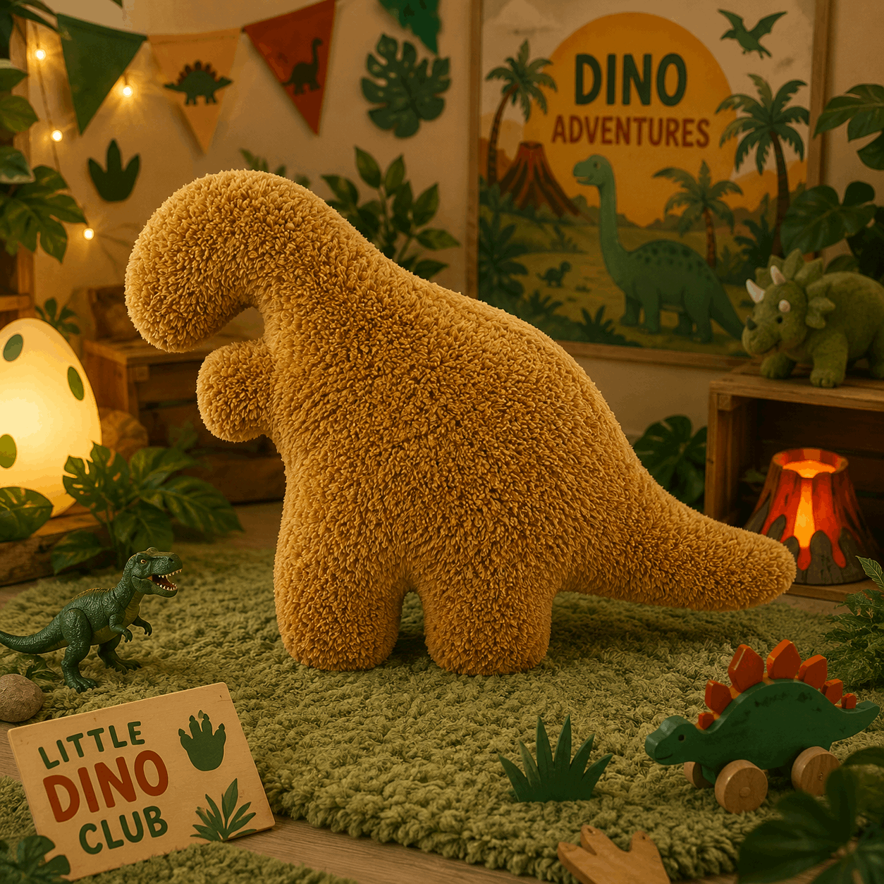 Plush dinosaur toy in a child's room with dinosaur-themed decor