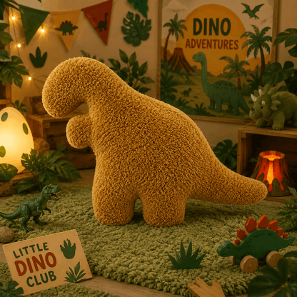 Plush dinosaur toy in a child's room with dinosaur-themed decor