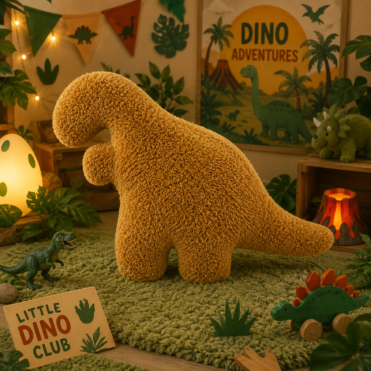 Plush dinosaur toy in a child's room with dinosaur-themed decor