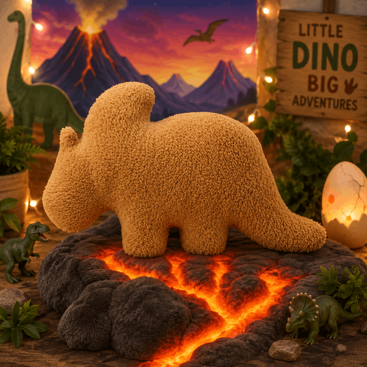 Plush dinosaur toy on a lava-like surface with a dinosaur-themed background