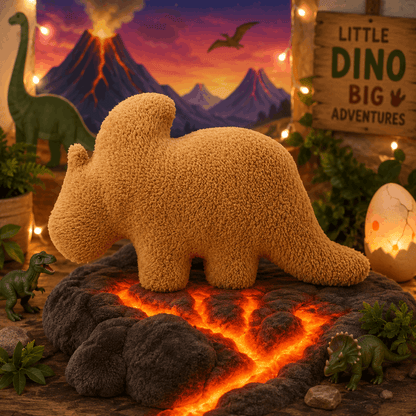 Plush dinosaur toy on a lava-like surface with a dinosaur-themed background