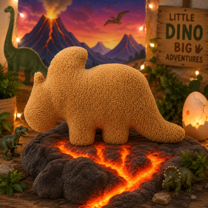 Plush dinosaur toy on a lava-like surface with a dinosaur-themed background