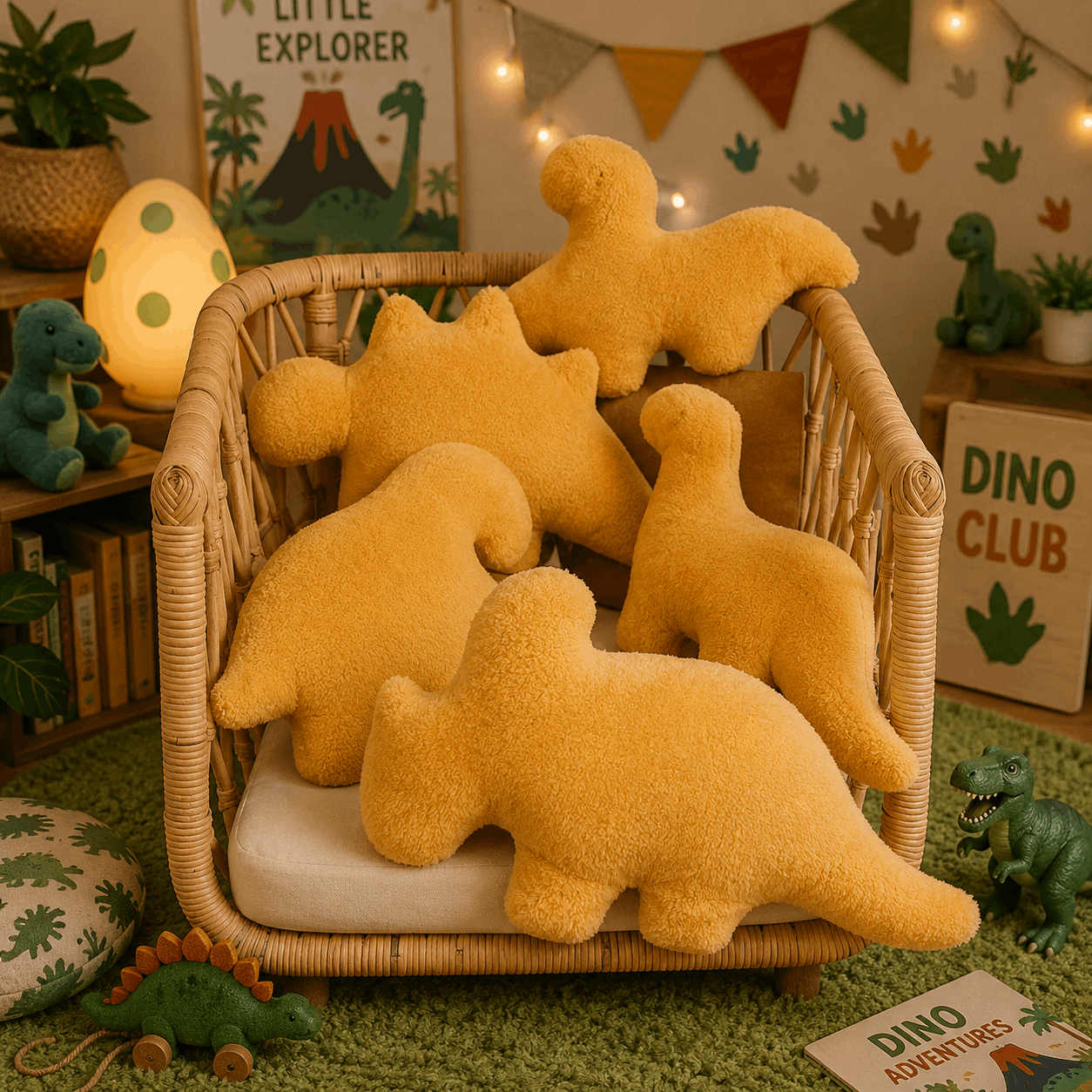 Yellow dinosaur plush toys in a wicker basket with a dino-themed room in the background.