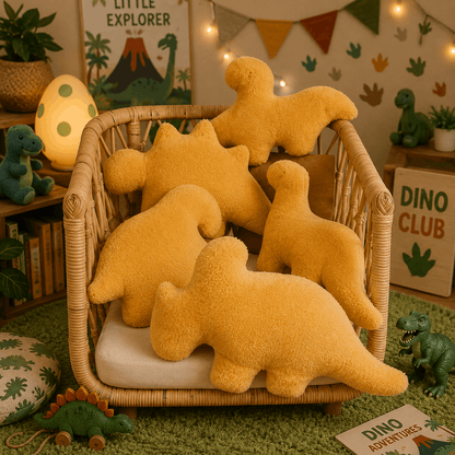 Yellow dinosaur plush toys in a wicker basket with a dino-themed room in the background.