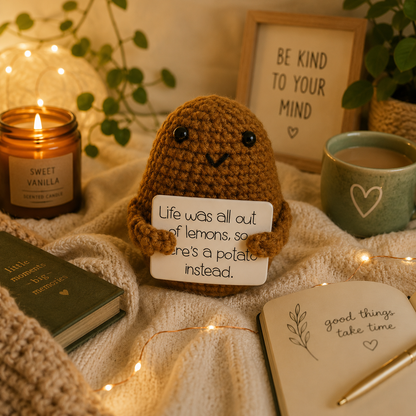 Crocheted potato plush holding a sign with a humorous quote, surrounded by a lit candle, mug, book, and notebook.